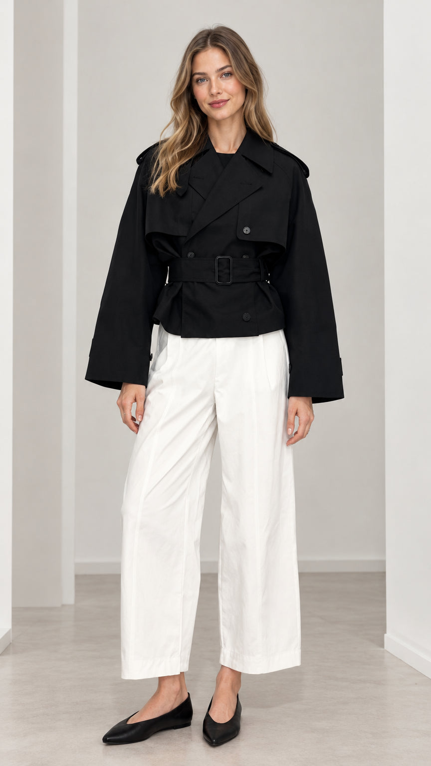 Front full view of woman wearing black cropped double-breasted trench jacket with belt and white wide-leg trousers