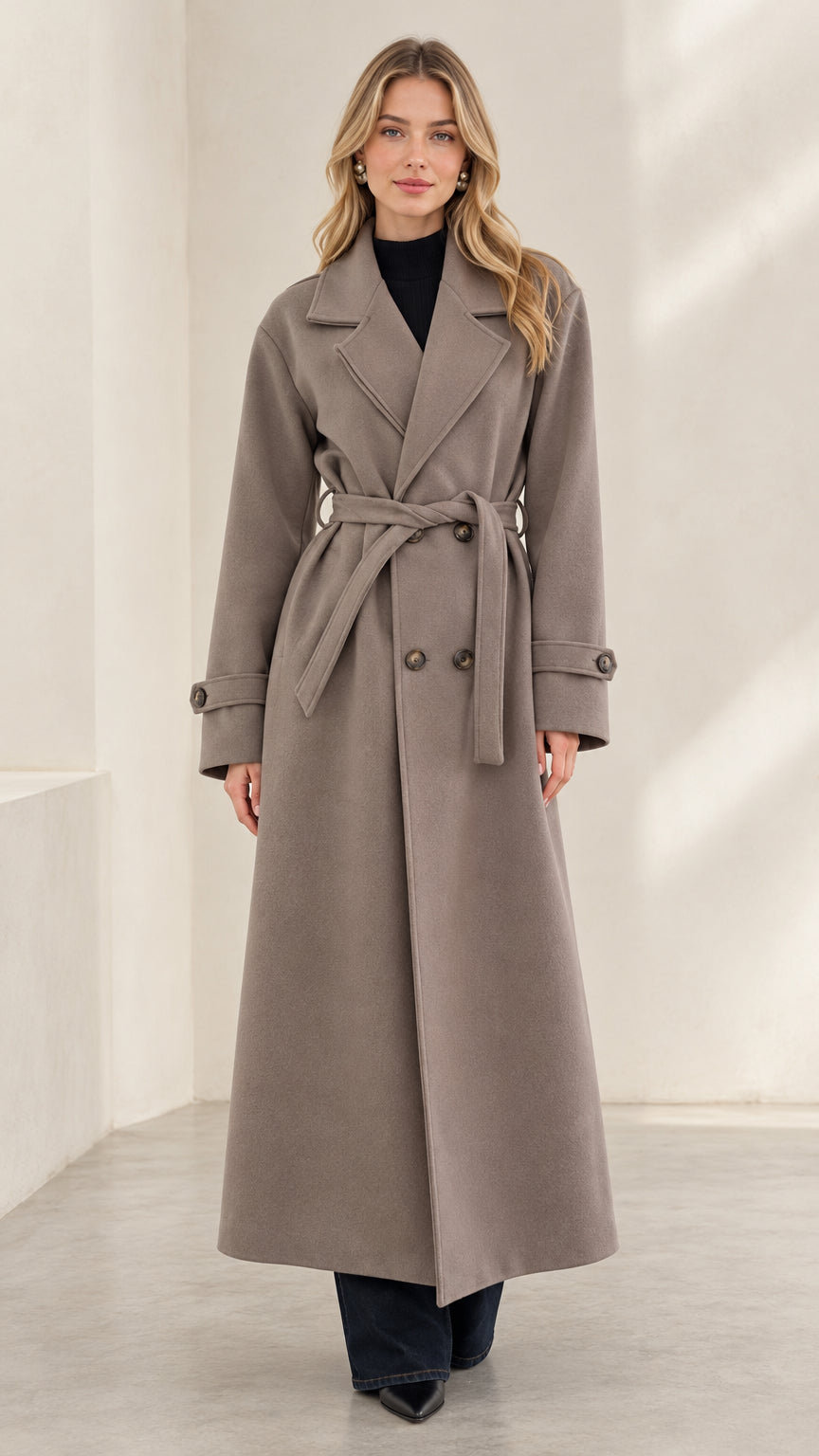 Front full-length view of woman wearing taupe double-breasted long overcoat with tie belt