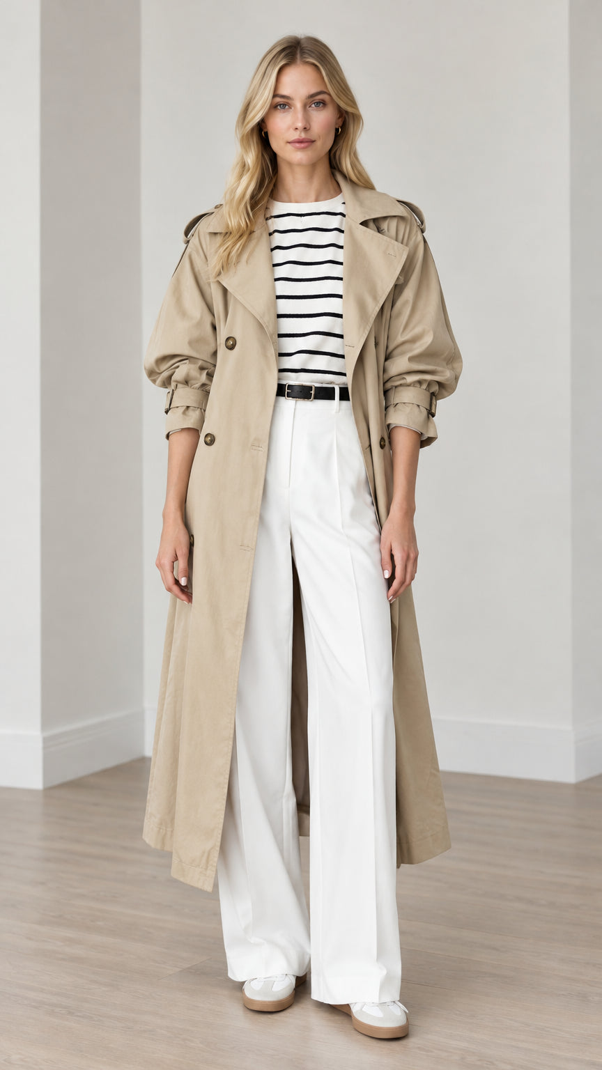 Full-length front view of woman wearing khaki double-breasted long trench coat with striped top and white trousers
