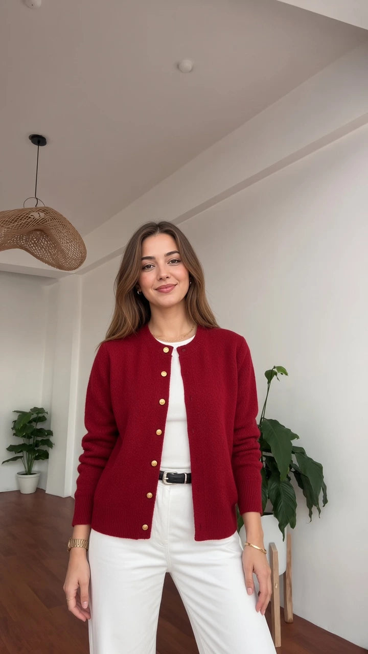 Front view of model wearing burgundy crewneck cardigan with gold buttons and white trousers