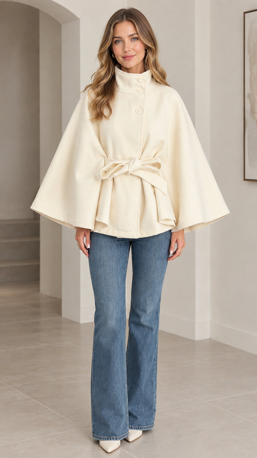 Front view of cream high neck belted cape coat paired with jeans