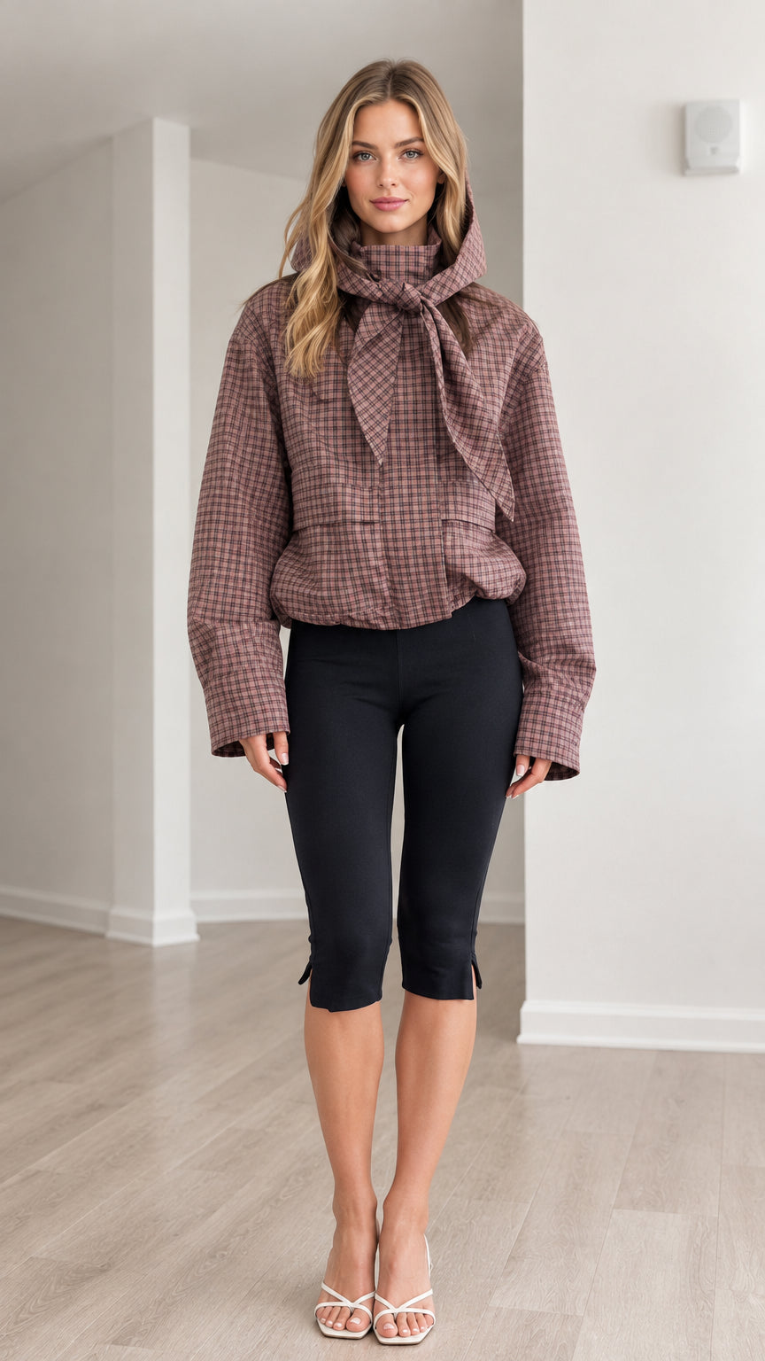 Front full-length view of model wearing dusty rose plaid hooded tie-neck jacket with cropped black leggings