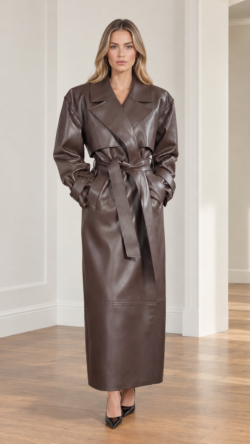 Front view of model wearing a brown faux leather maxi trench coat with tied belt