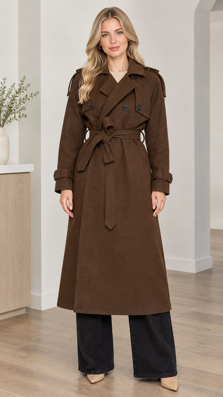 Front full-length view of woman wearing brown double-breasted long trench coat tied at the waist with wide-leg trousers