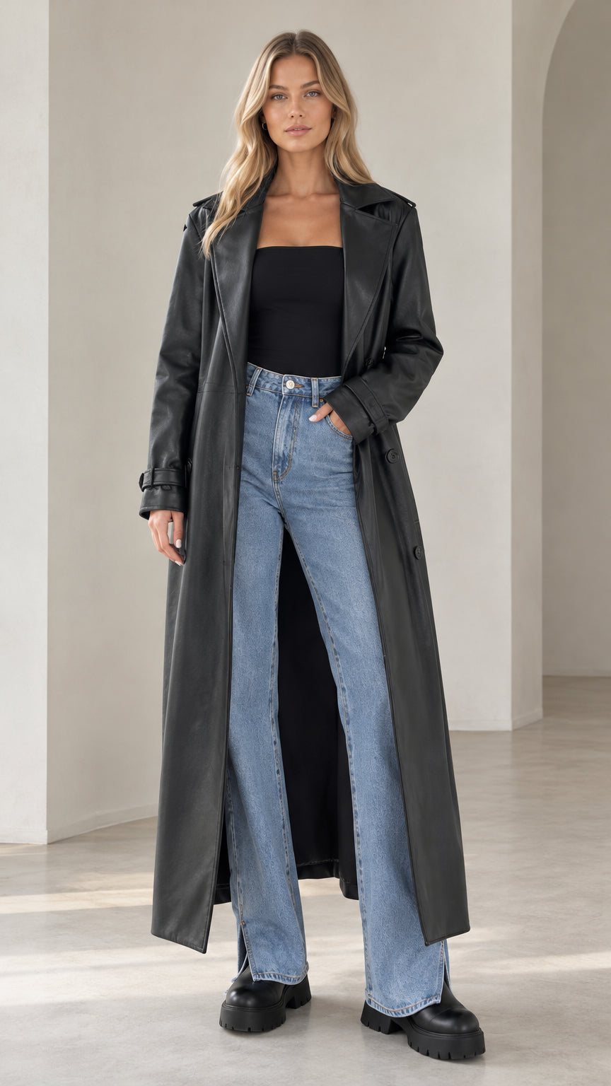 Front view of model wearing long black faux leather maxi trench coat with denim jeans