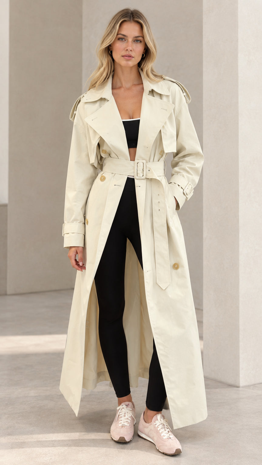Front full-length view of model wearing cream maxi trench coat with belt