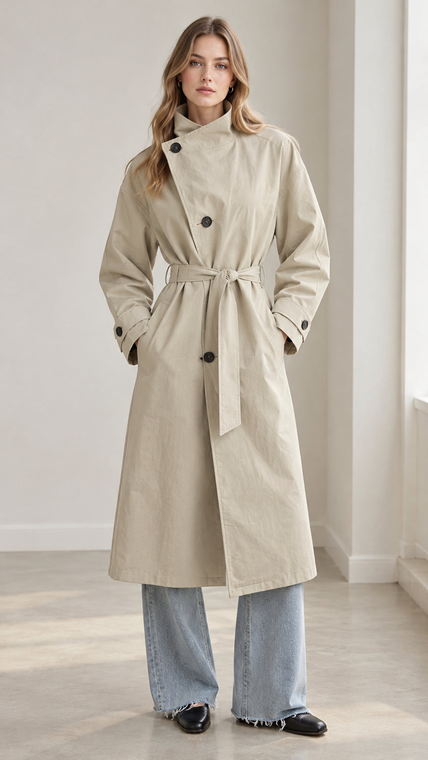 Front full view of woman wearing beige high-neck belted trench coat with denim trousers