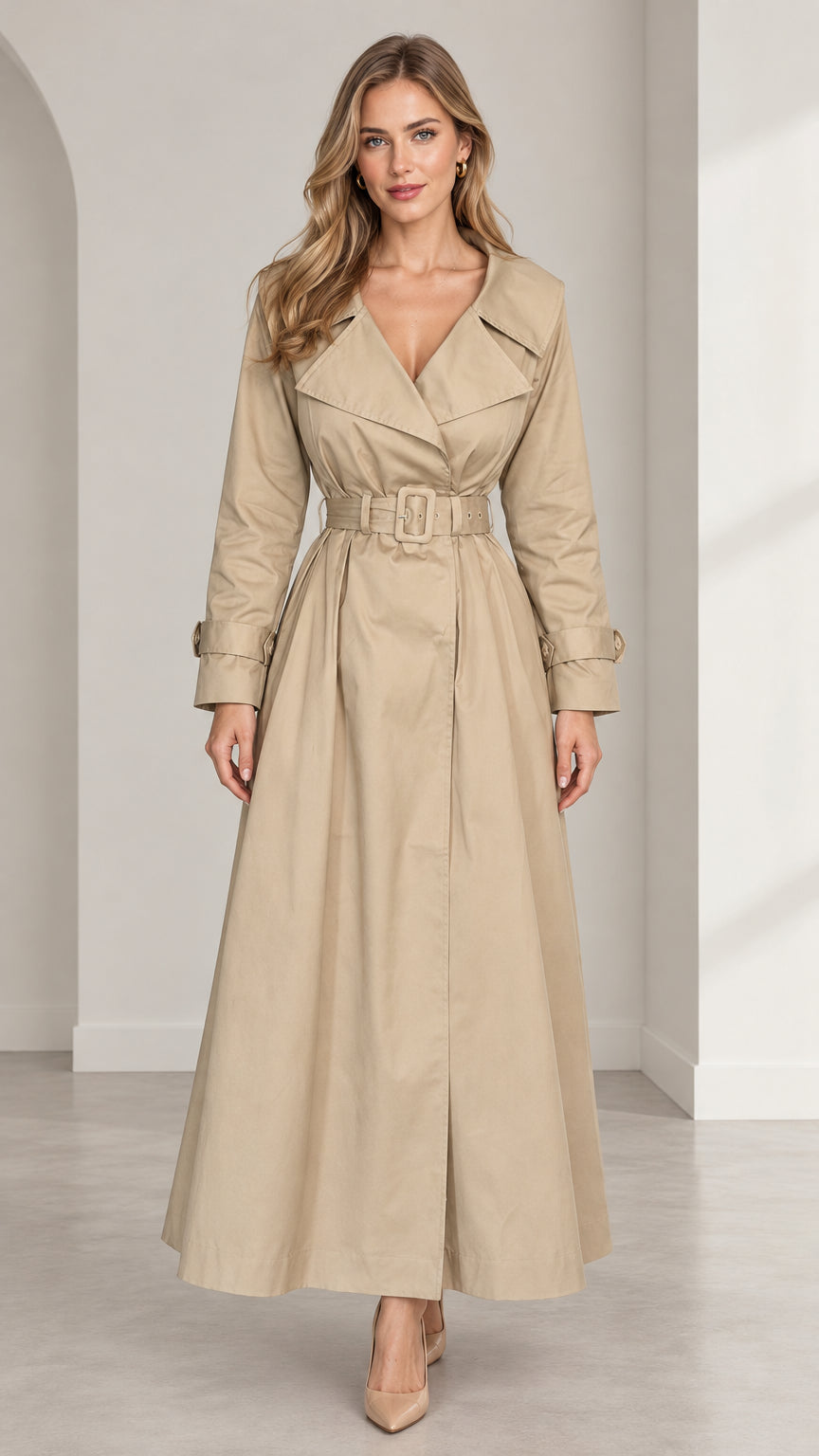 Full front view of women's beige maxi trench coat with wide lapel collar and belted waist