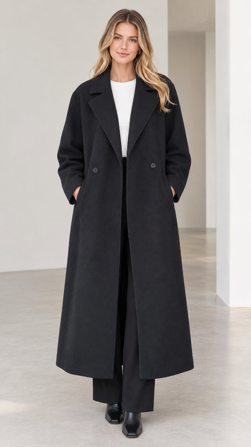 Front full view of woman wearing long black notch lapel maxi overcoat