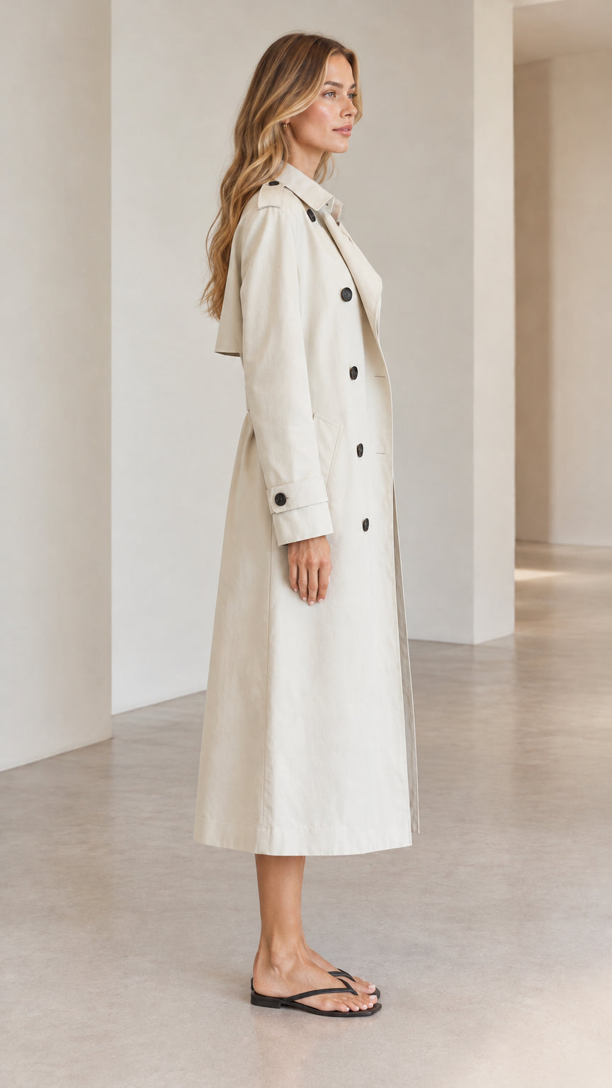 Side profile view of woman wearing beige longline belted trench coat