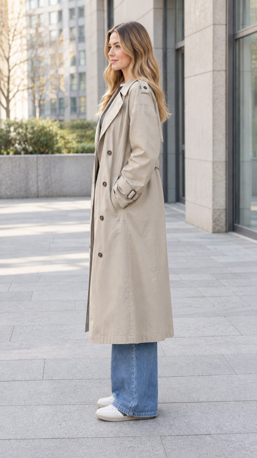 Side profile view of model wearing khaki long trench coat with buckled cuffs