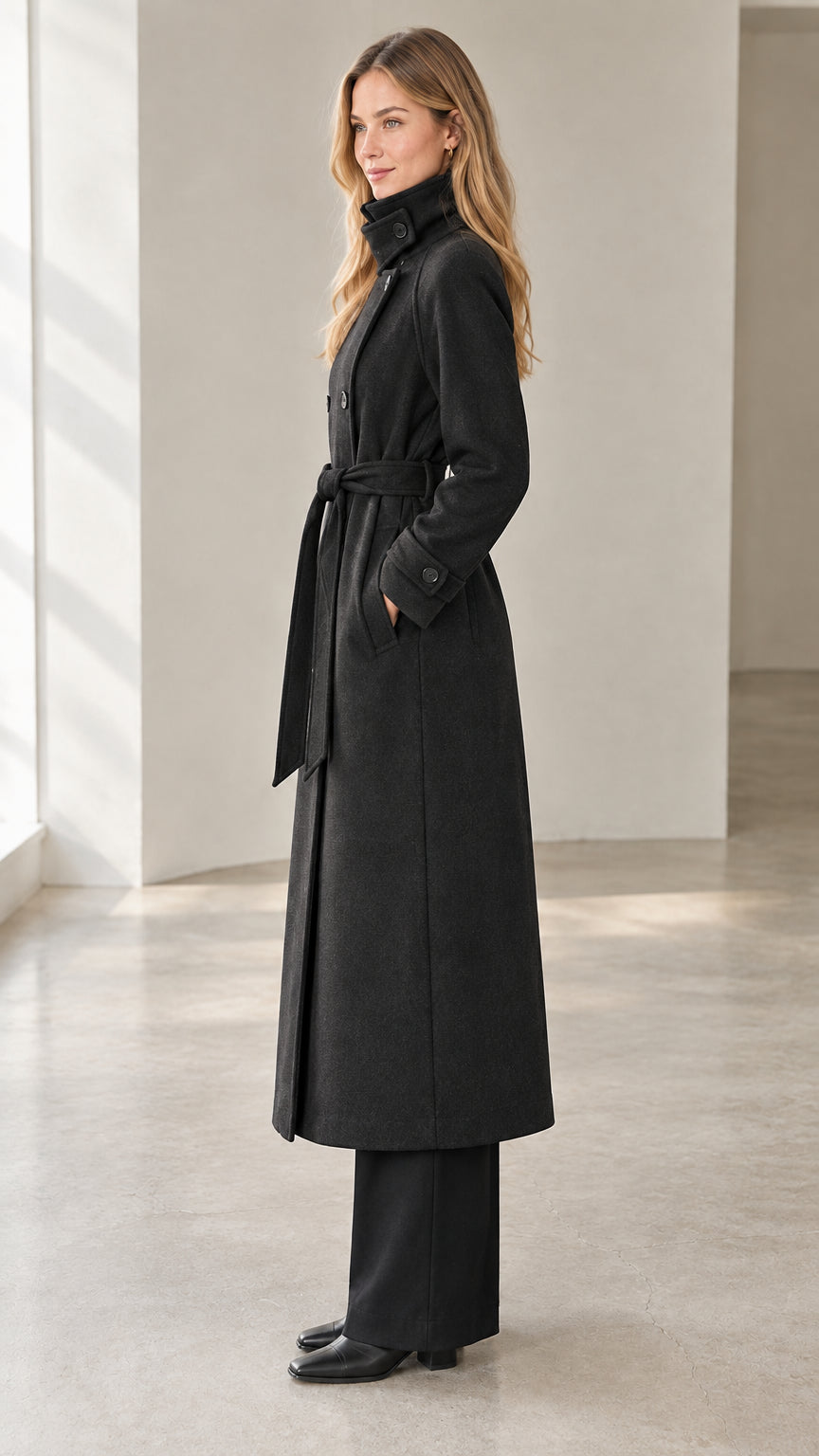 Side profile view of woman wearing black longline belted trench coat