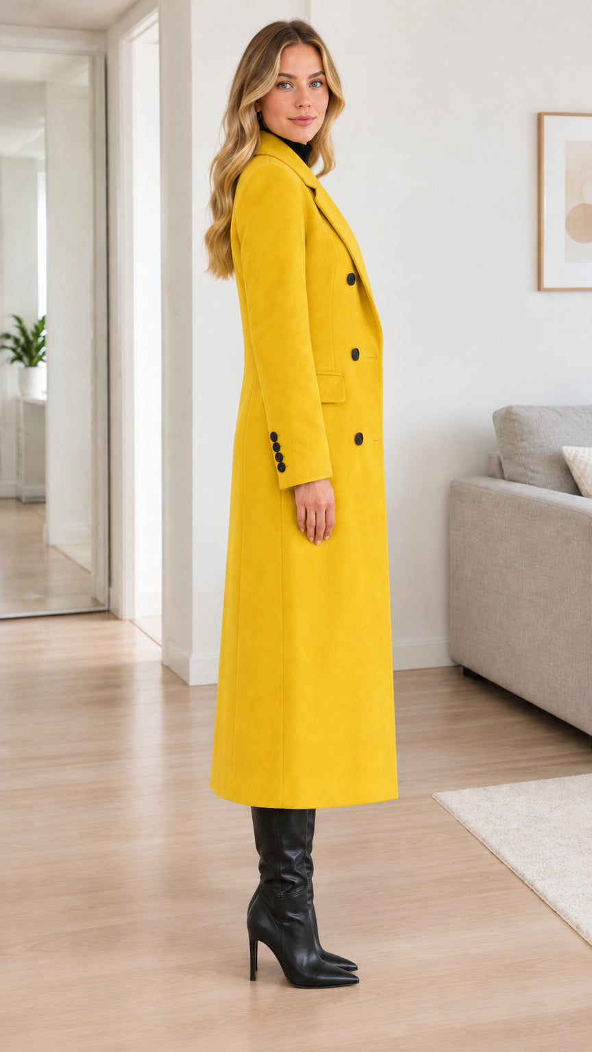 Side profile of model showcasing the tailored cut and length of the yellow longline coat