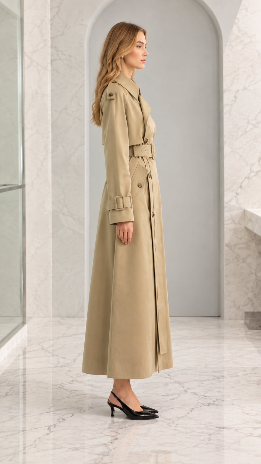 Side profile view of khaki maxi belted trench coat