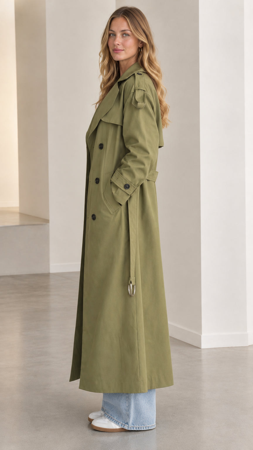 Side profile view of woman modeling the olive green long belted trench coat