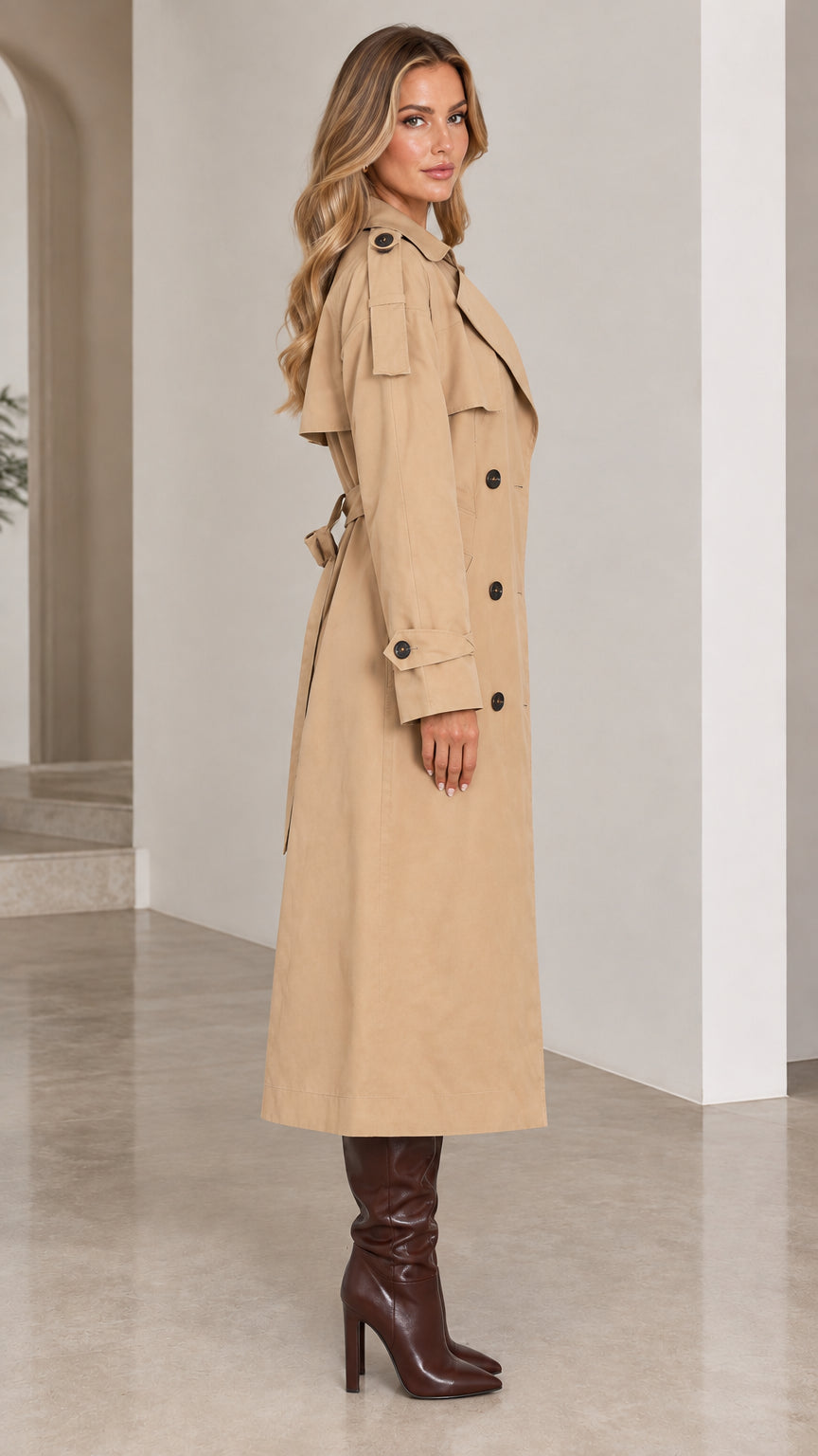 Side profile view of woman wearing belted camel long trench coat