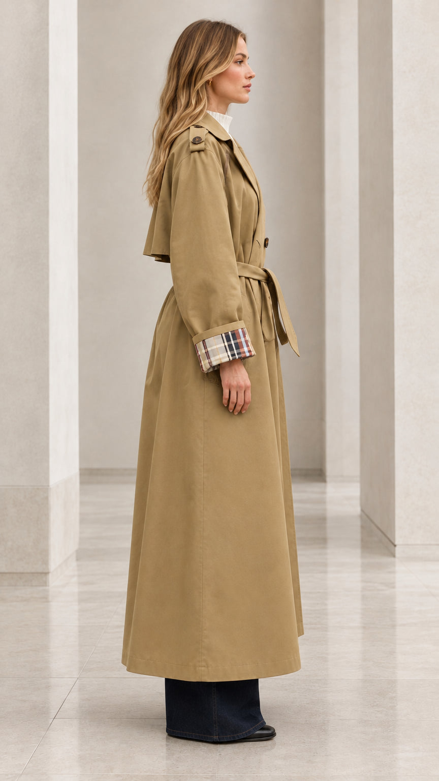 Side profile view of camel maxi trench coat showcasing draped back flap and long cut