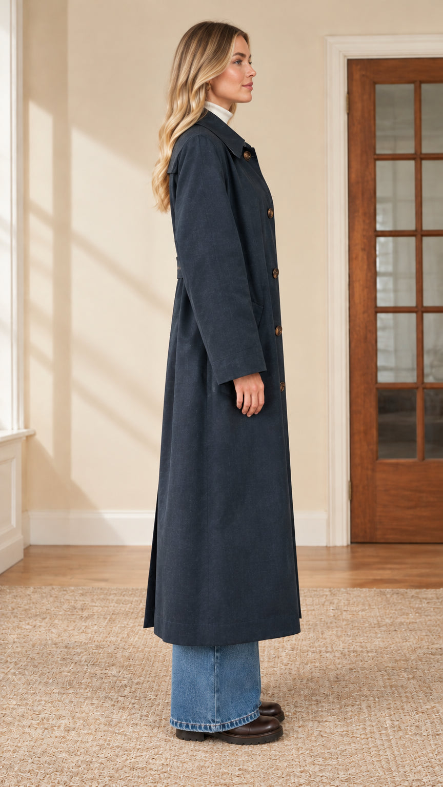 Side profile of woman wearing long navy blue single-breasted duster coat