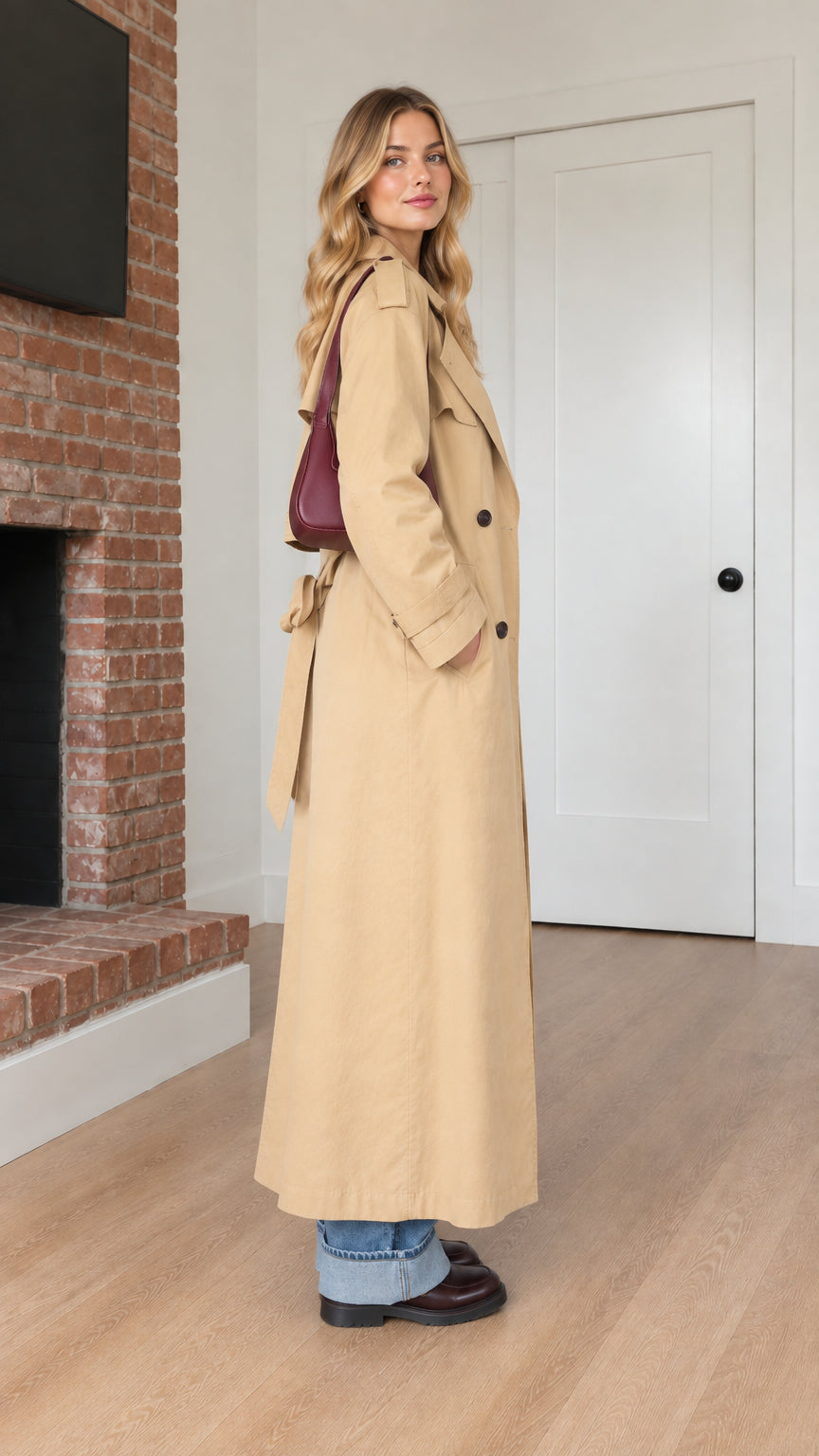 Side profile of model wearing camel maxi trench coat