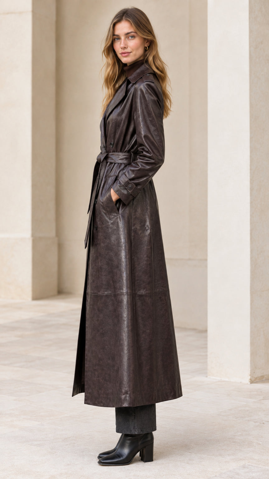 Side profile of woman in full-length dark brown faux leather belted trench coat