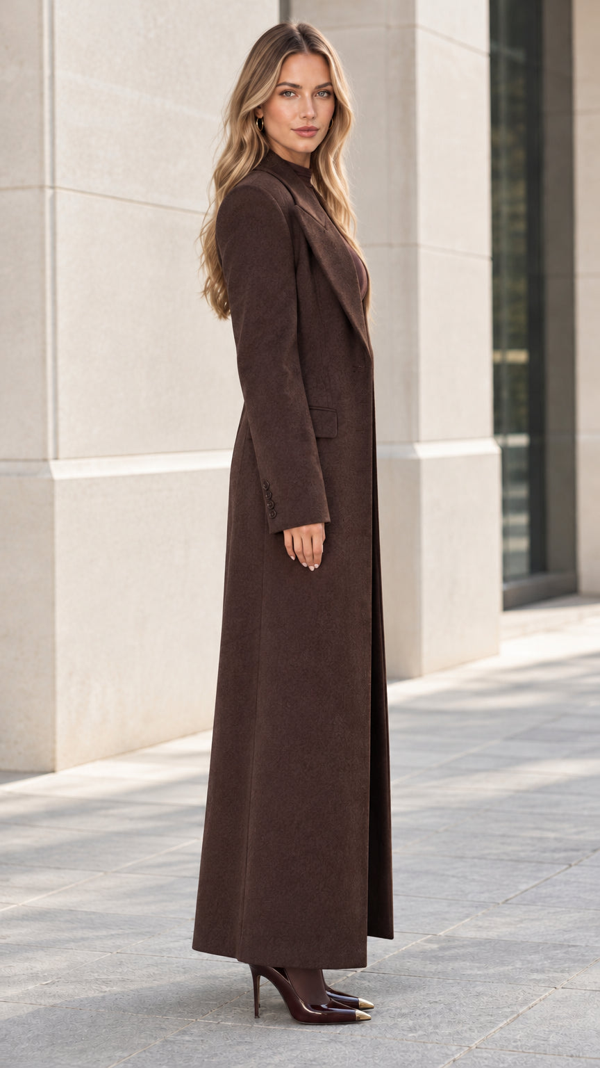Side profile view of the chocolate brown longline tailored coat