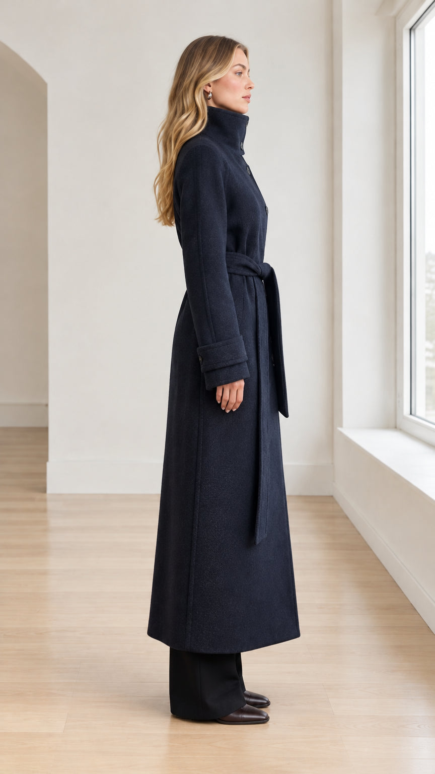 Side profile view of model wearing Navy Blue longline overcoat with waist tie