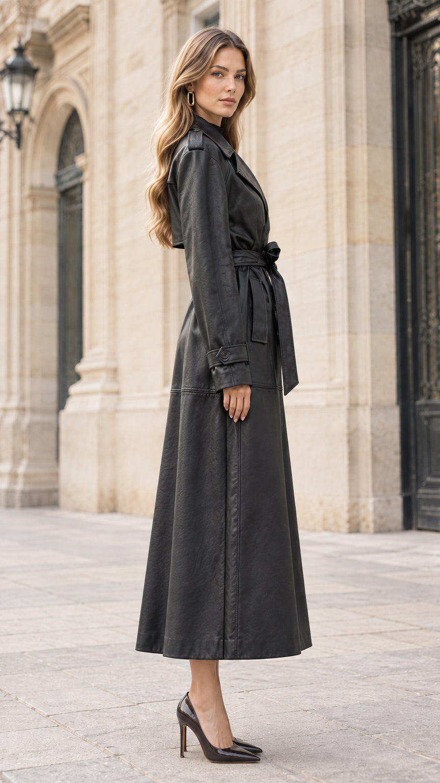 Side profile view of woman modeling black longline faux leather coat