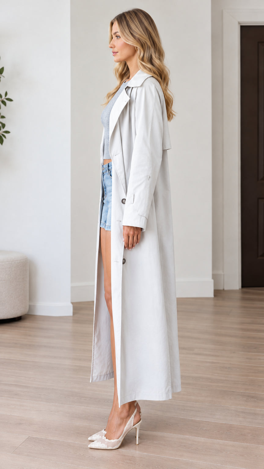 Side profile view of model wearing light grey full-length maxi trench coat