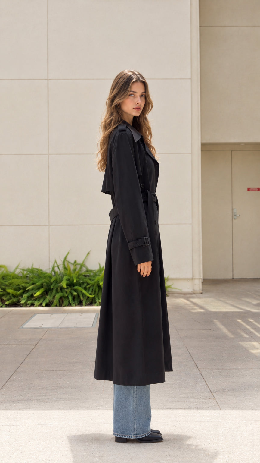 Side profile view of woman wearing full-length black belted trench coat