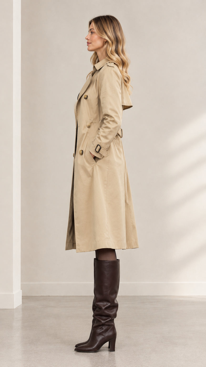 Side profile view of model wearing beige long trench coat with waist belt