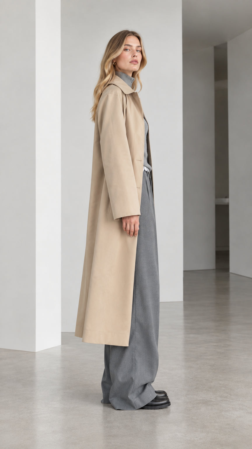 Side profile view of model showcasing the long drape and cut of the beige trench coat