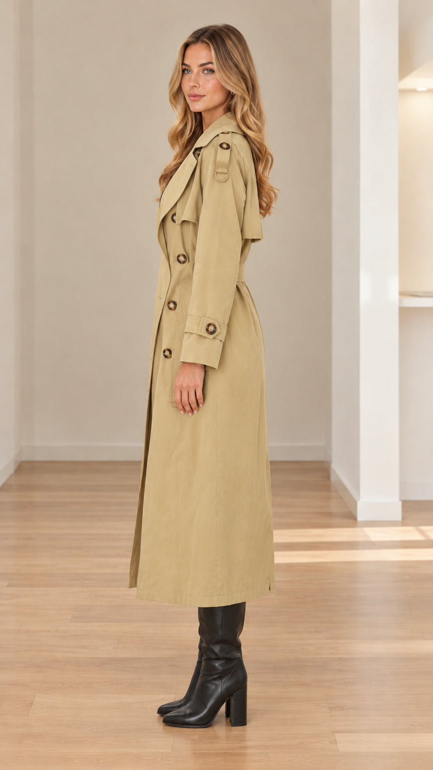 Side profile view of woman wearing khaki belted long trench coat