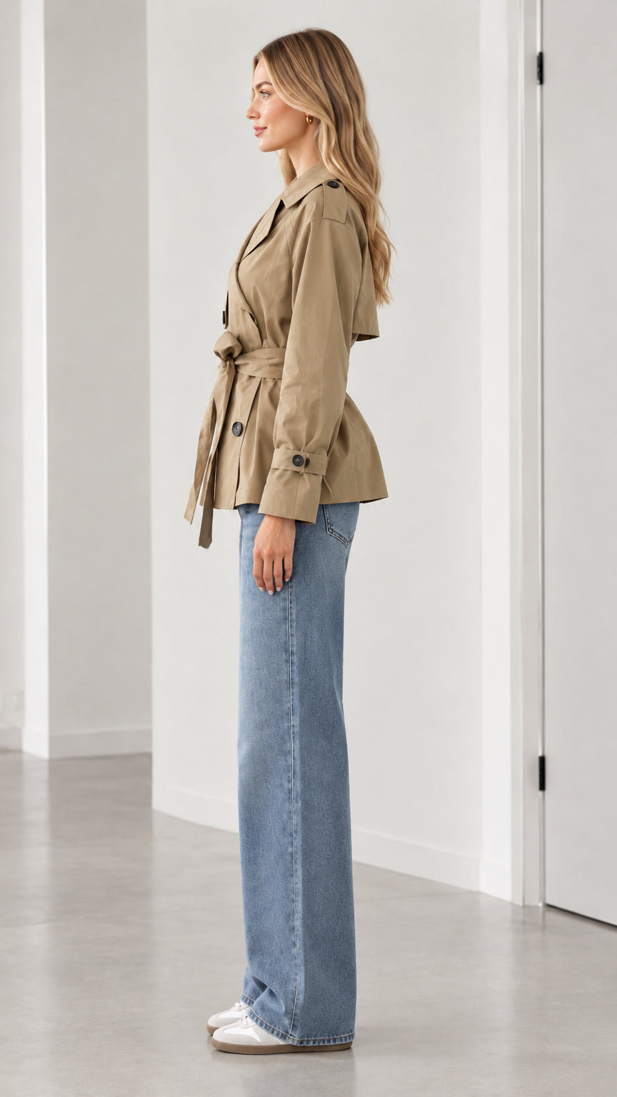 Side view of model showing tailored profile of khaki cropped belted trench jacket