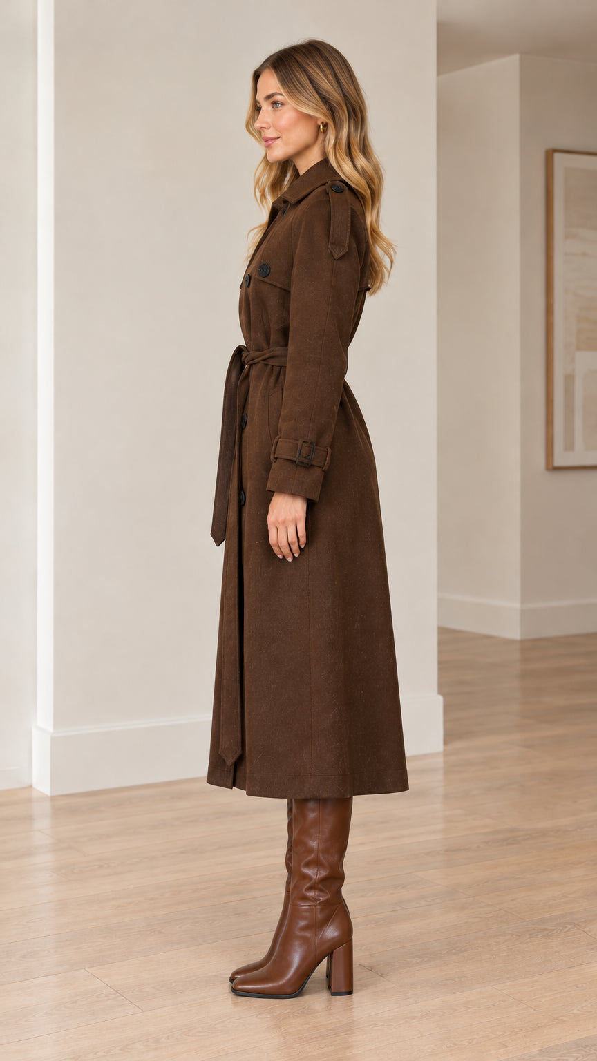 Side profile of model wearing belted brown longline trench coat and boots