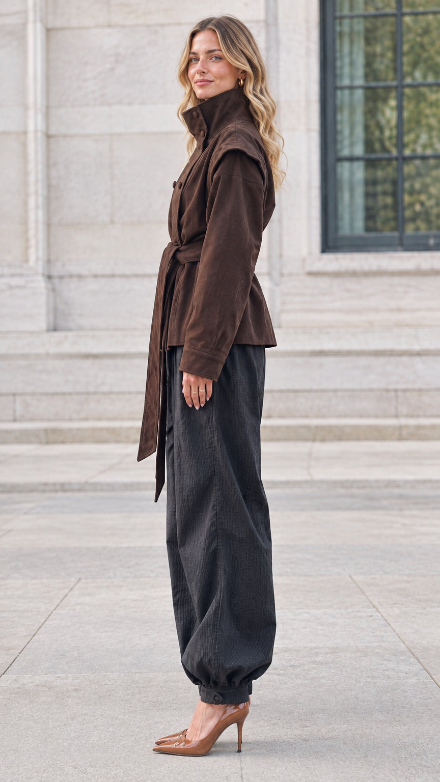 Side profile of woman styling brown belted stand collar jacket with high heels