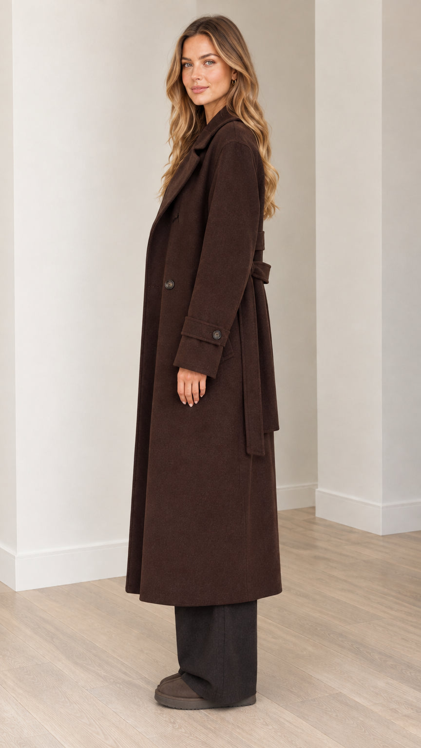 Side profile view of woman wearing brown belted overcoat