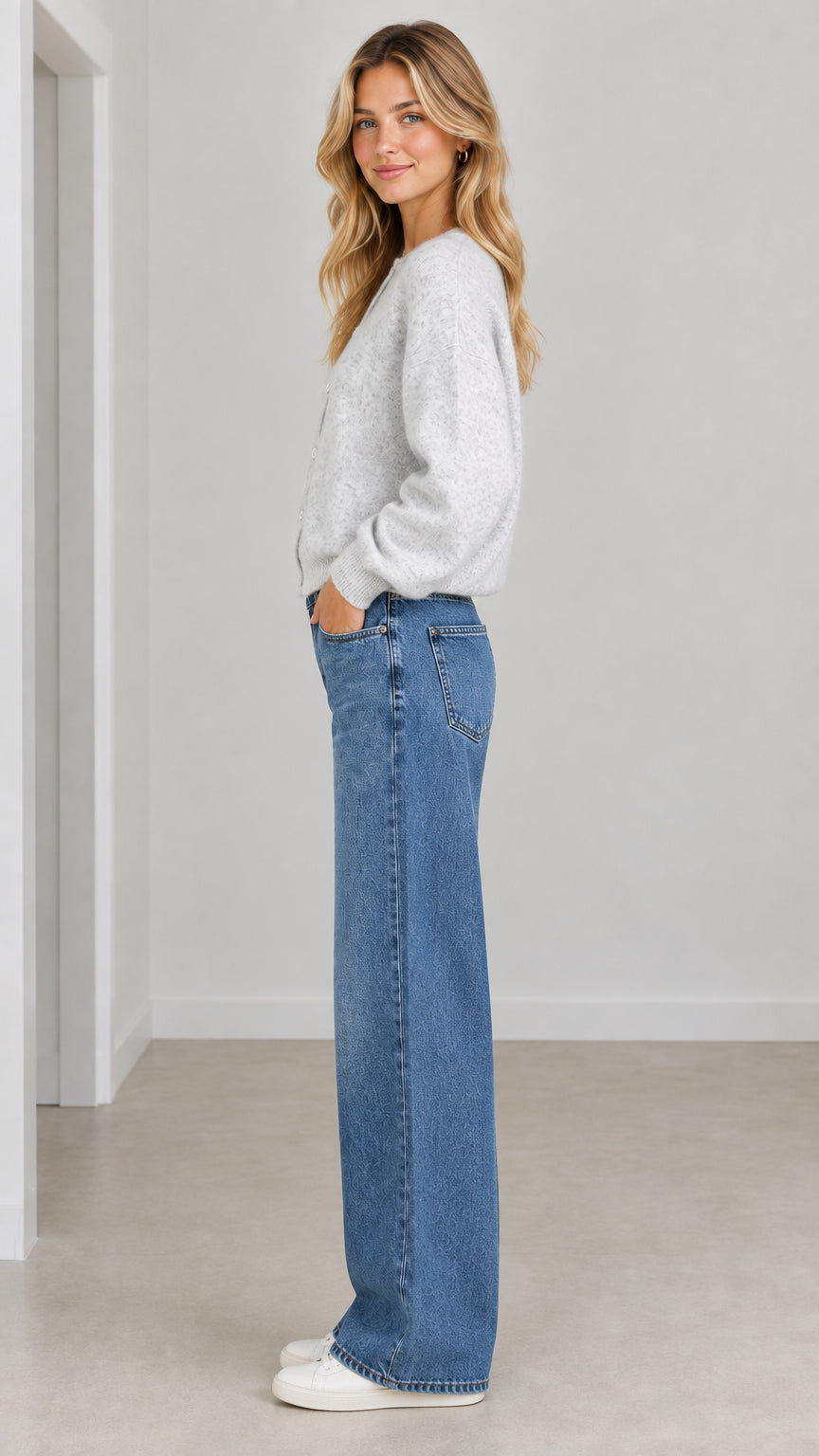 Side profile view of Light Grey fuzzy knit cardigan