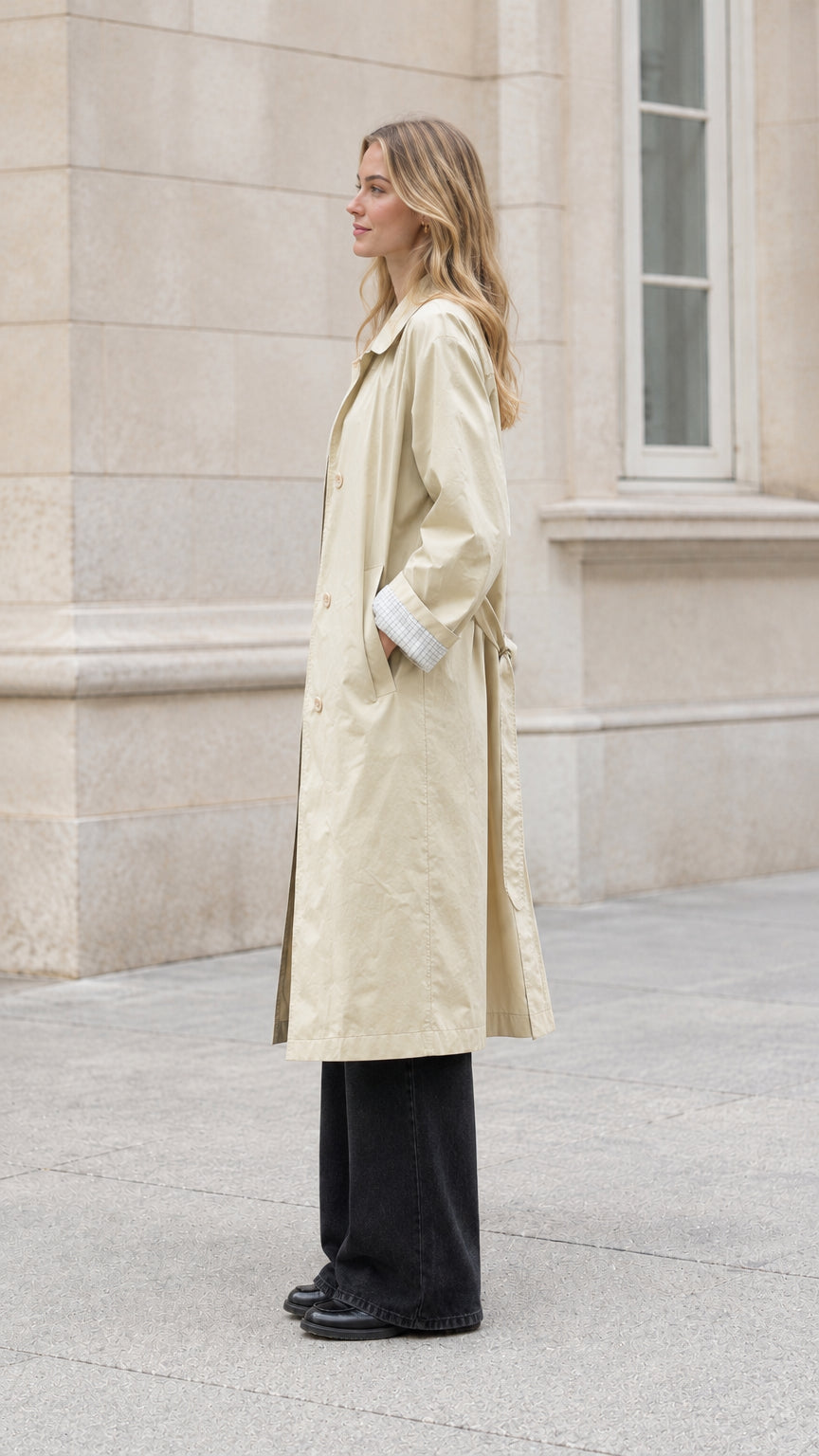 Side full-length view of beige midi trench coat showing clean drape and profile