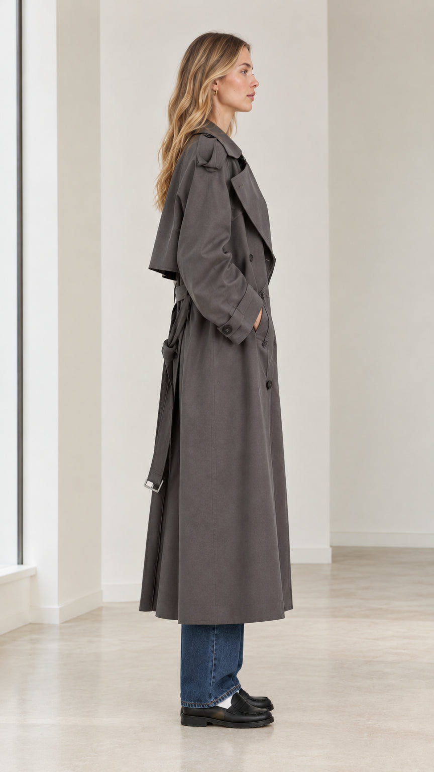Side profile view of charcoal grey full-length belted trench coat