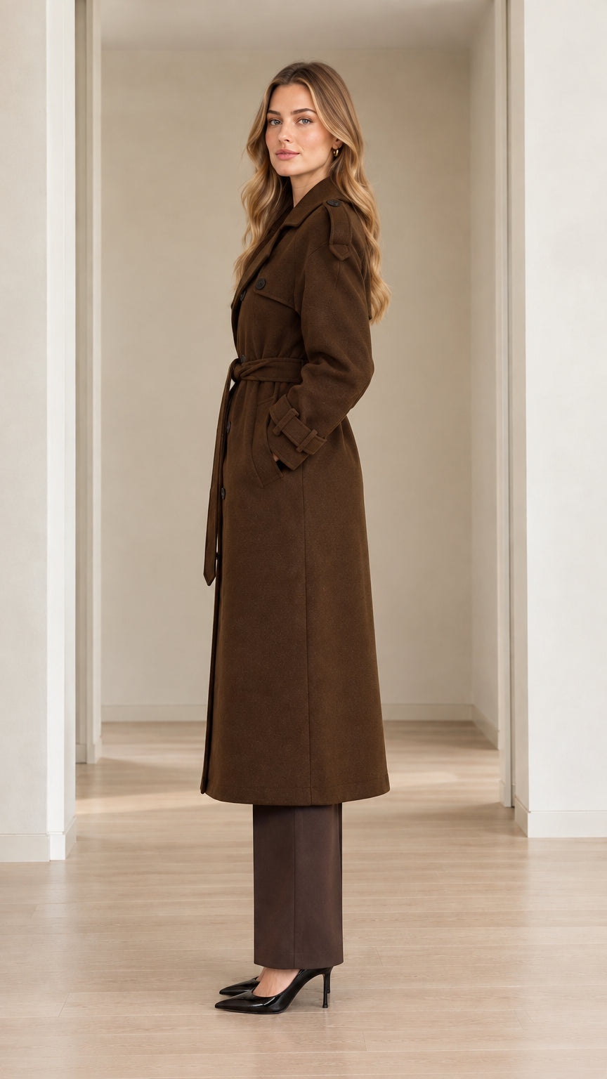 Side profile view of model wearing brown long trench coat