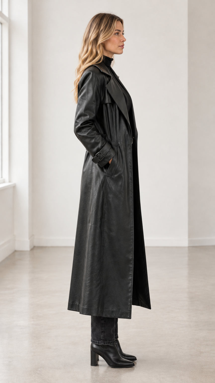 Side profile view of woman modeling maxi black faux leather trench coat with side pockets