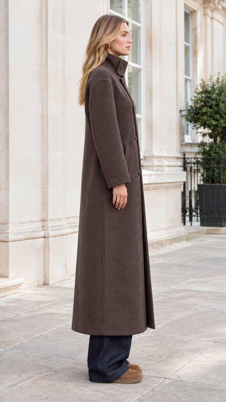 Side profile view of woman modeling maxi length brown tailored coat with welt pockets