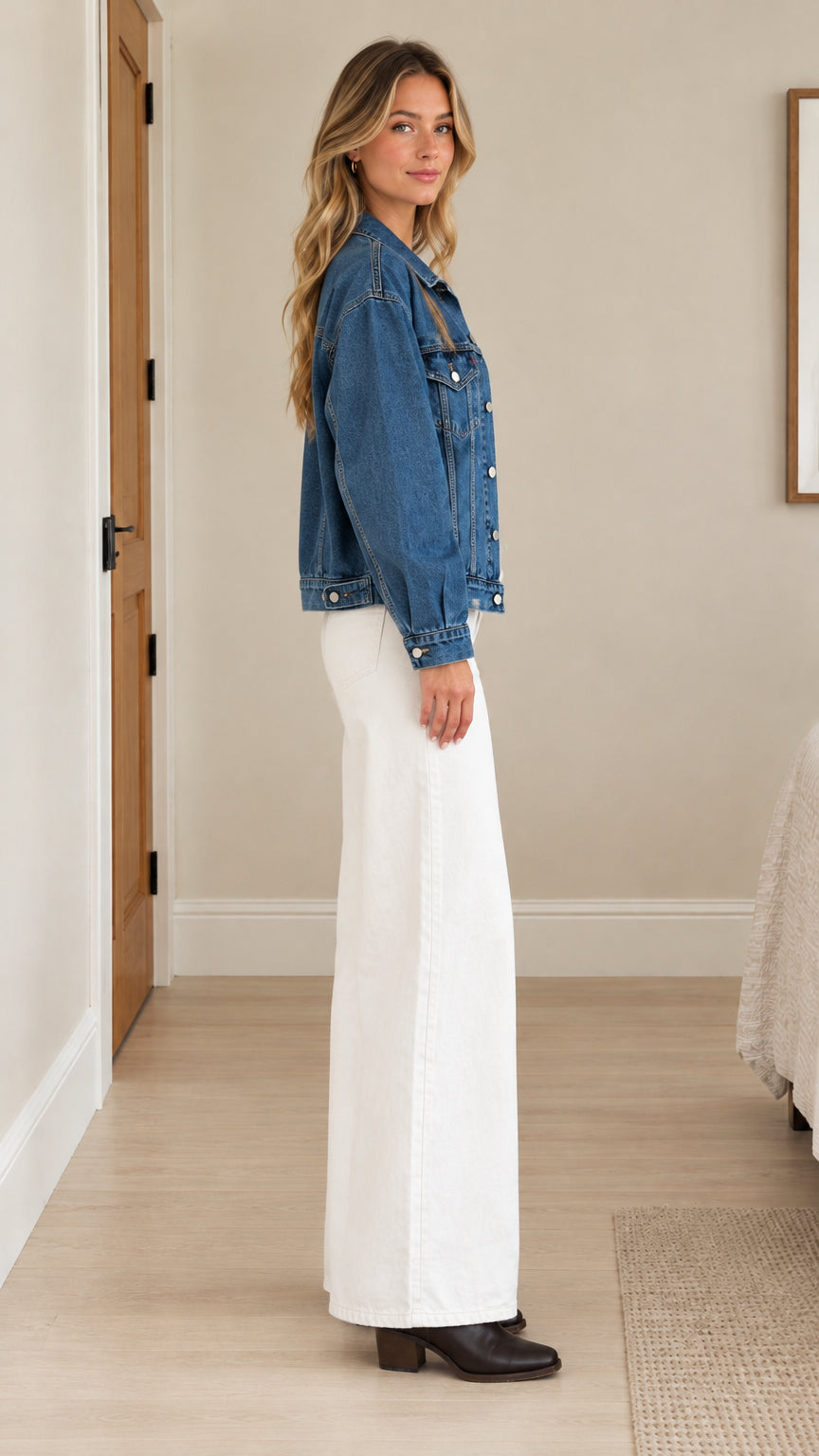 Side profile view of model wearing Medium Blue denim jacket showing sleeve drape and fit