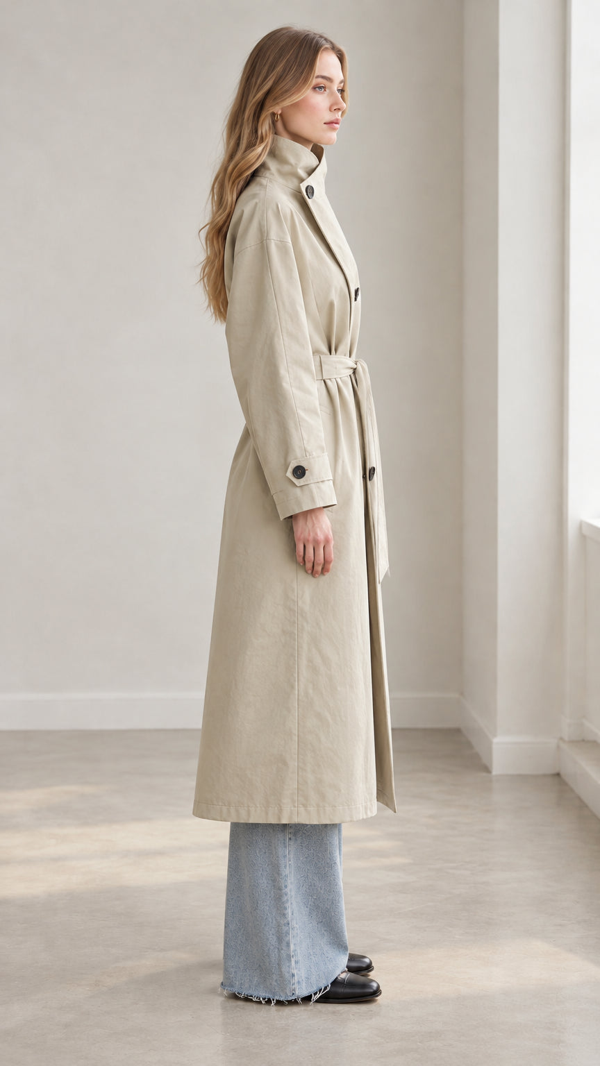 Side profile of woman wearing beige longline high-neck trench coat with tied waist belt