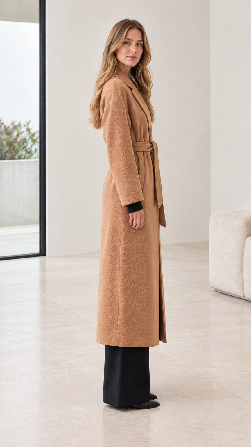 Side profile of model wearing the long camel wrap coat