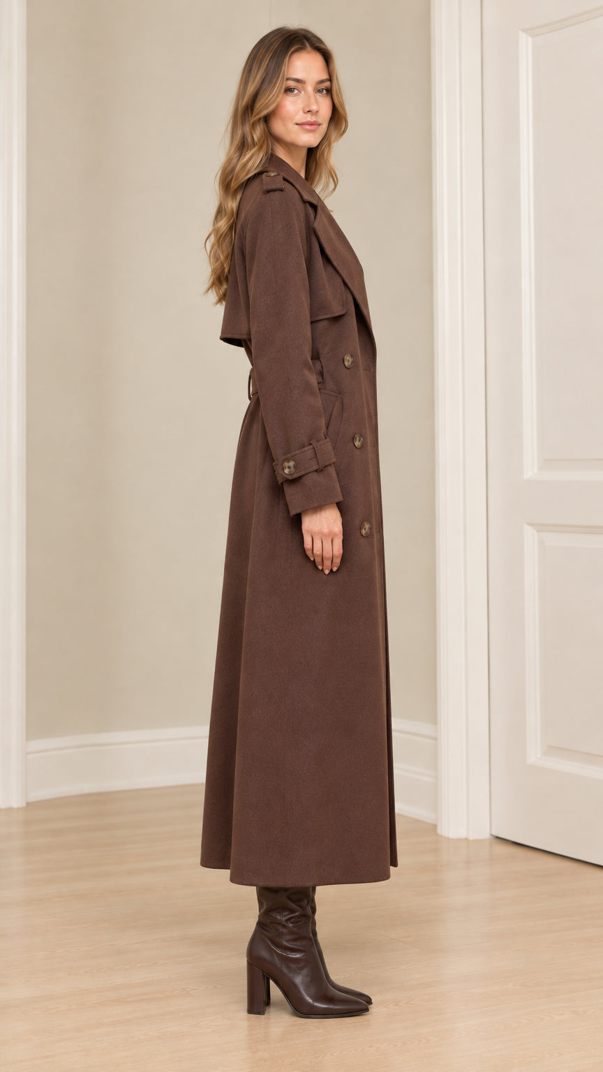 Side profile view of model showcasing the long brown belted trench coat