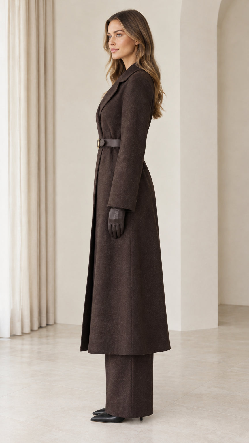 Side profile view of woman modeling long chocolate brown tailored overcoat set