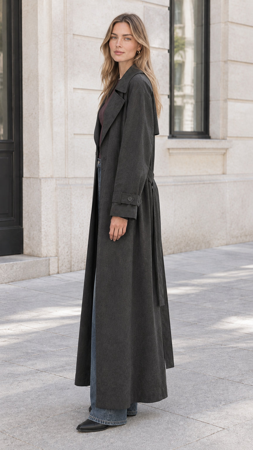 Side profile view of woman modeling the charcoal long duster coat with belted waist