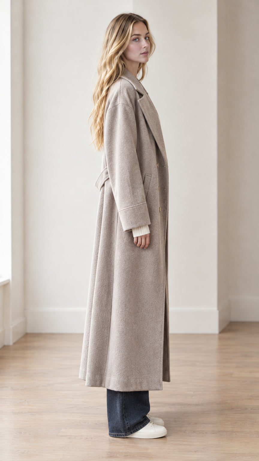 Side profile of model showcasing the maxi length and drape of taupe belted coat
