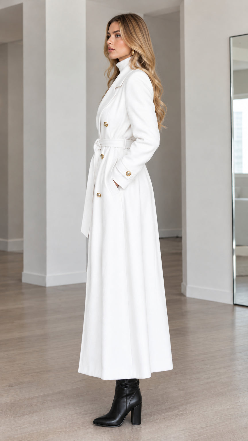 Side full-length view of white double-breasted belted flared maxi coat